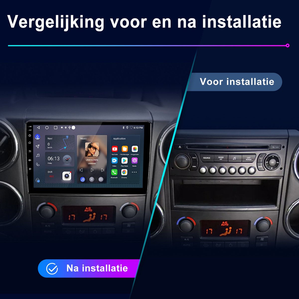 Junsun Android 15 Autoradio Geschikt voor Citroën Berlingo 2 B9 & Peugeot Partner (2008-2019) - 9 inch IPS Scherm - Draadloze CarPlay & Android Auto - 2GB RAM 32GB ROM - DSP - GPS - DAB+ Ready