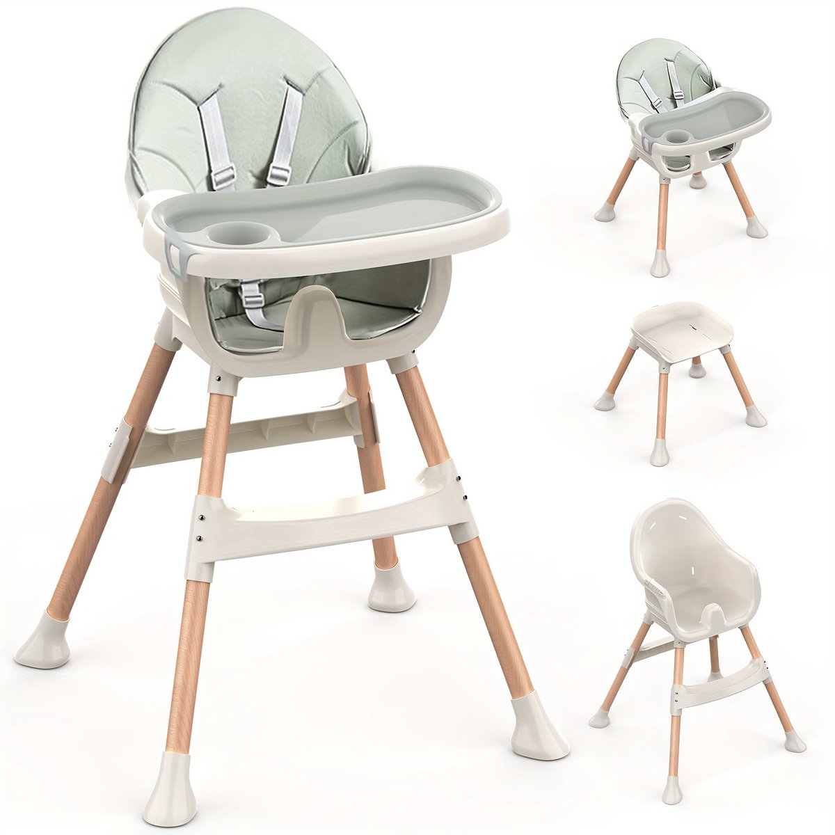 4-in-1 Verstelbare Kinderstoel Baby - Ergonomische Peuterstoel met Dubbel Dienblad - Ombouwbare Booster Seat - Opvouwbaar - Groen