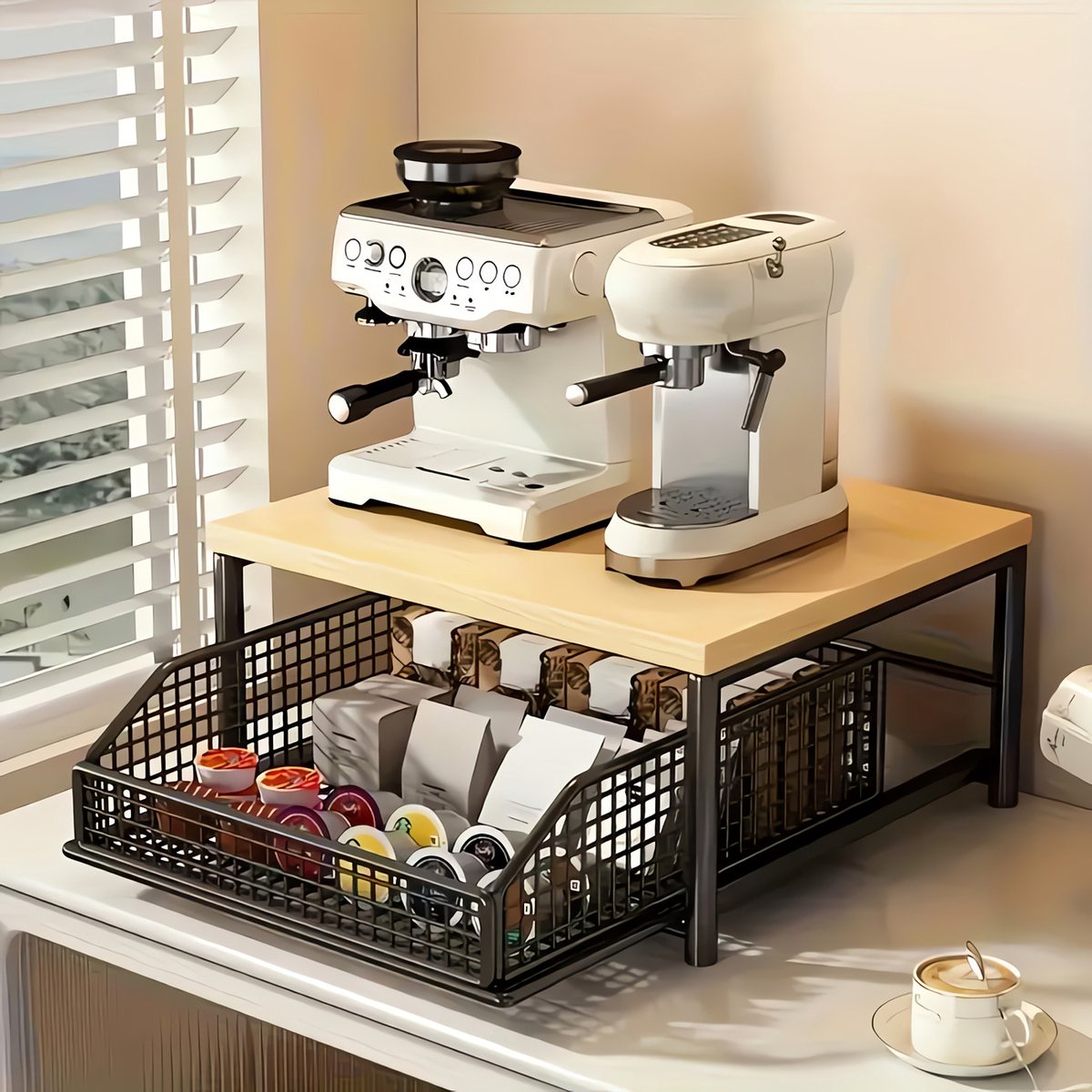 Koffiecapsule Opbergrek met Lade - Koffiestation Organizer - Uitschuifbare Magnetronplank - Metalen Keukenrek voor Koffiemachine
