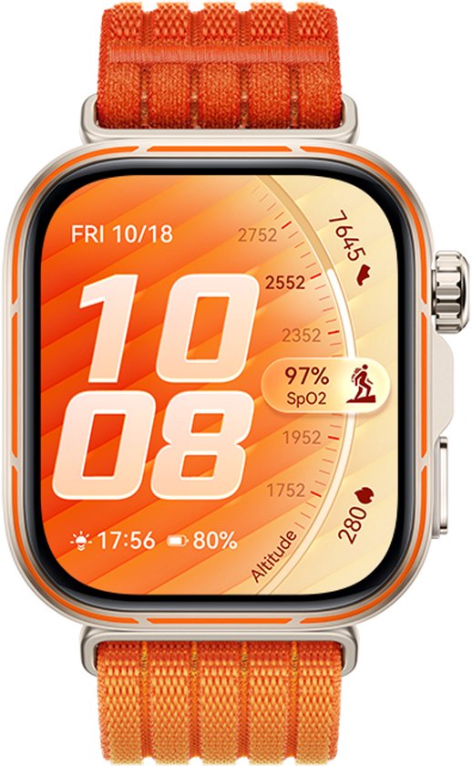 Zilverkleurig smartwatch met oranje stoffen band. Het scherm toont 'FRI 10/18', 10:08, 97% SpO2 en hoogtegegevens.