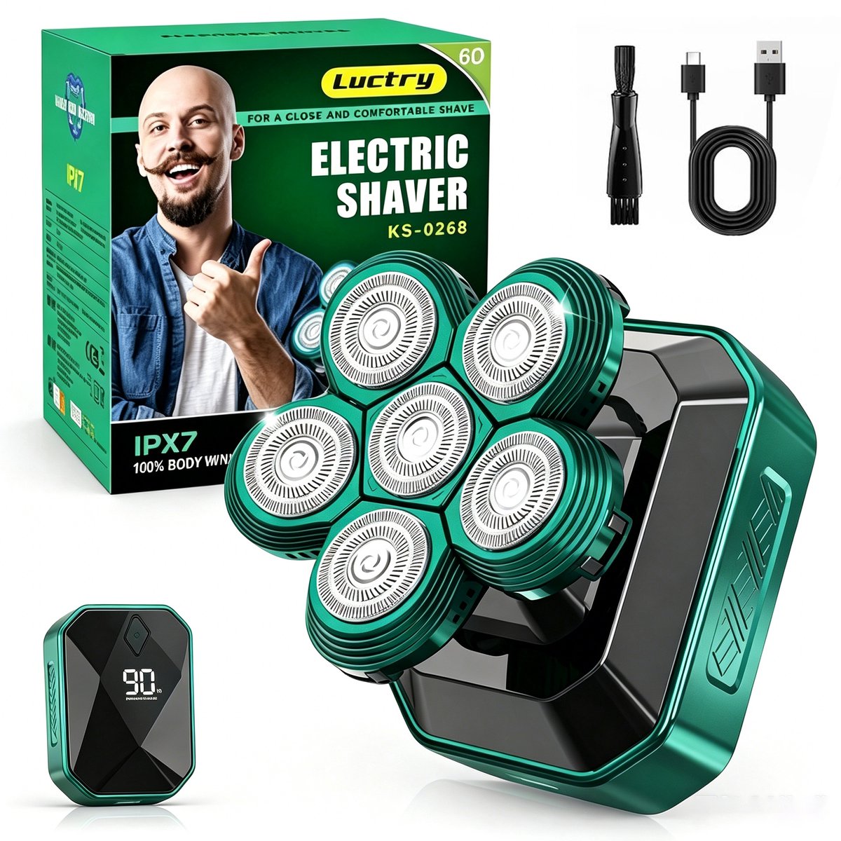 Luctry Hoofd Scheerapparaat Mannen - 5D Kaal Scheren met Magnetische Scheerkop & IPX7 Waterdicht - Elektrisch Scheerapparaat voor Hoofd met LED Display & Type-C Opladen - Cadeau voor Vader/Vriend - Donkergroen
