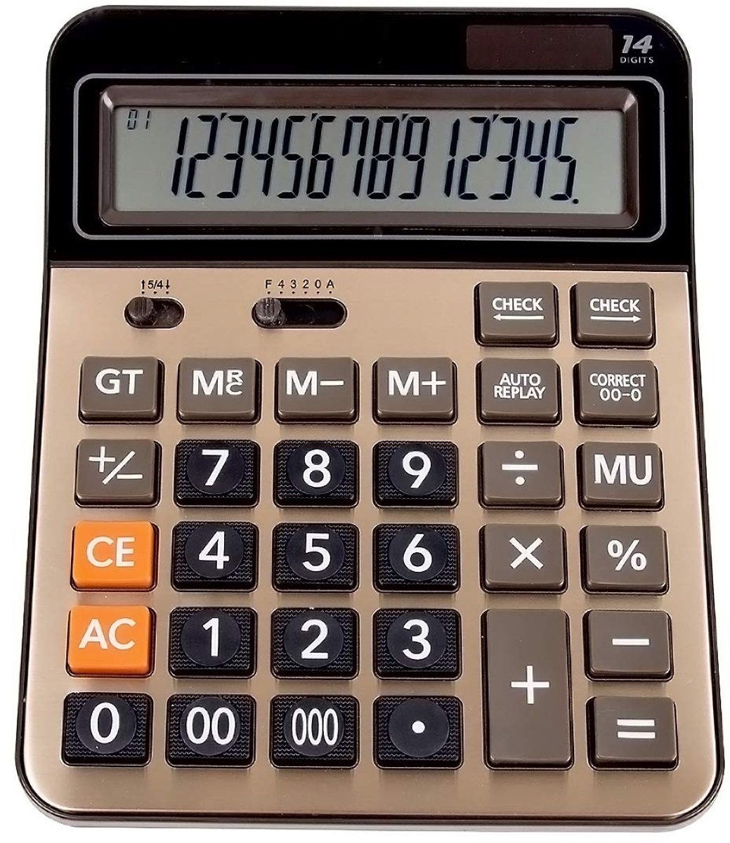 Jhubersproducts - Grote Rekenmachine - Zonnebatterij - Dual Power - Goud - Desk Calculator - Perfect voor Kantoor en Thuis - 14 Cijfers LCD