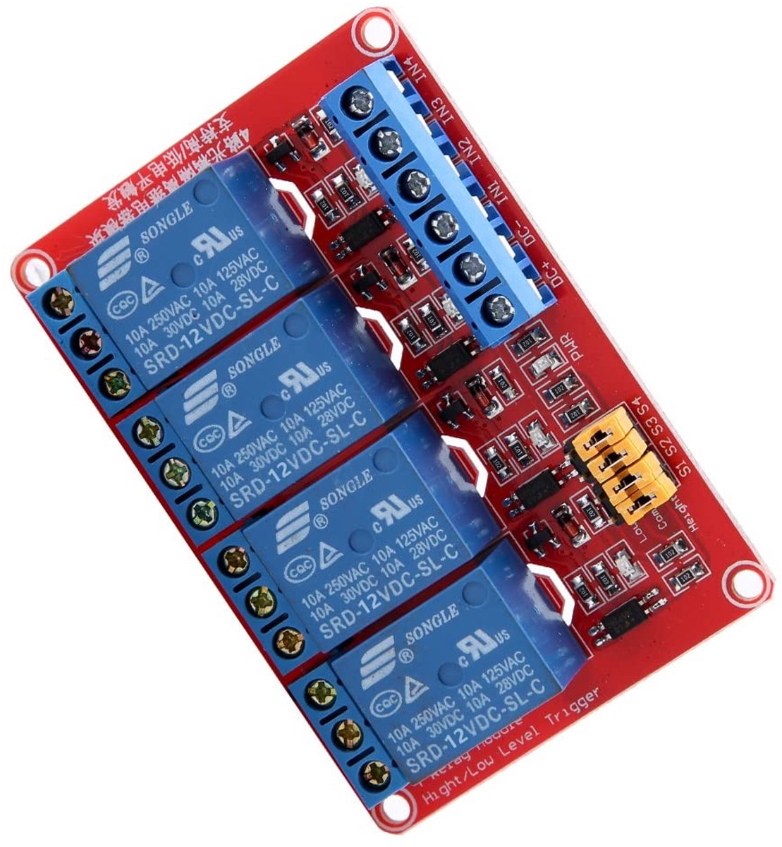 4-Kanaals Relaismodule - Laag- en Hoogniveau Triggering - 5V/12V/24V