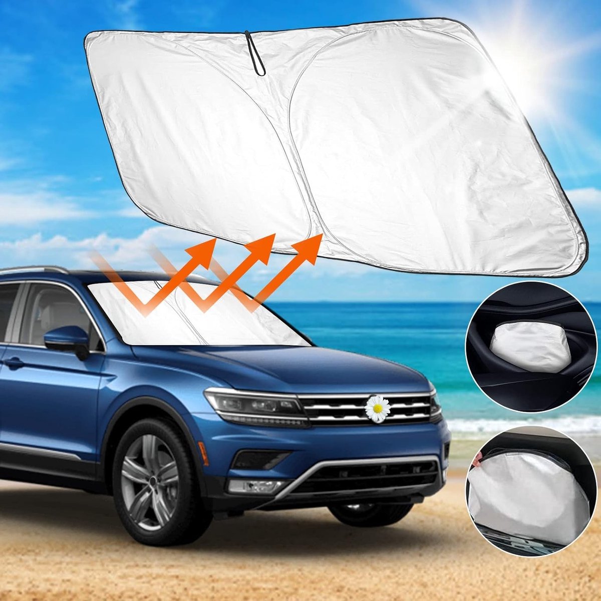 V W Touareg 2018-2022 Opvouwbare Zonnevisier van Zilver Coated Stof, UV- en Warmtebescherming voor Voorruit