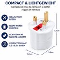 Witte 3-pins Britse reisstekker, compact met afmetingen 5.0 x 5.5 x 6.0 cm en weegt 65 gram.