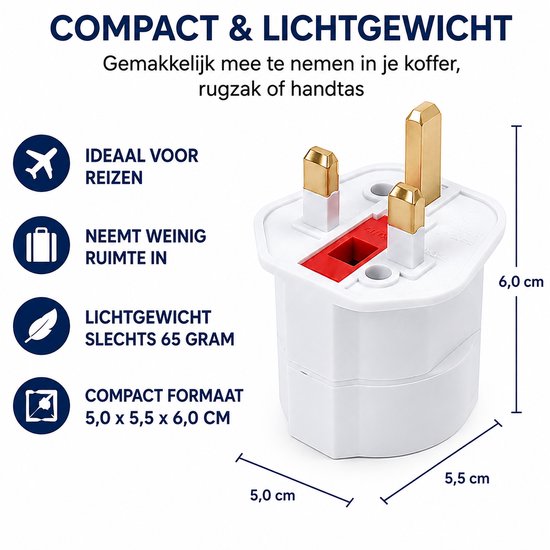 Witte 3-pins Britse reisstekker, compact met afmetingen 5.0 x 5.5 x 6.0 cm en weegt 65 gram.