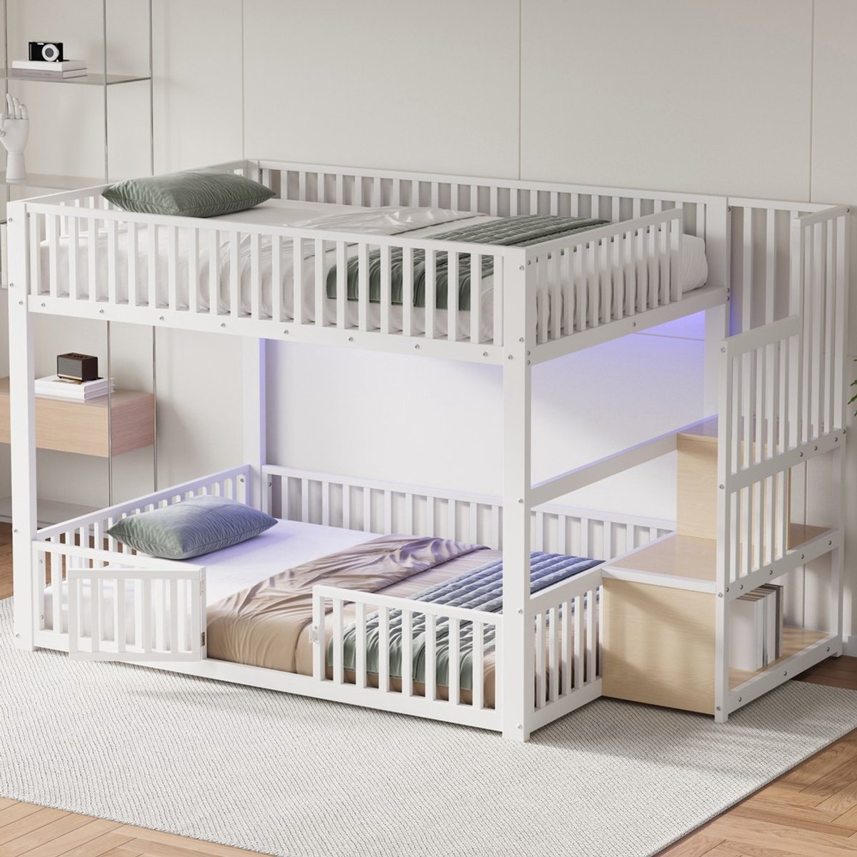 KOMHTOM Stapelbed - 140x200 cm - met opbergladder - met ledverlichting - wit