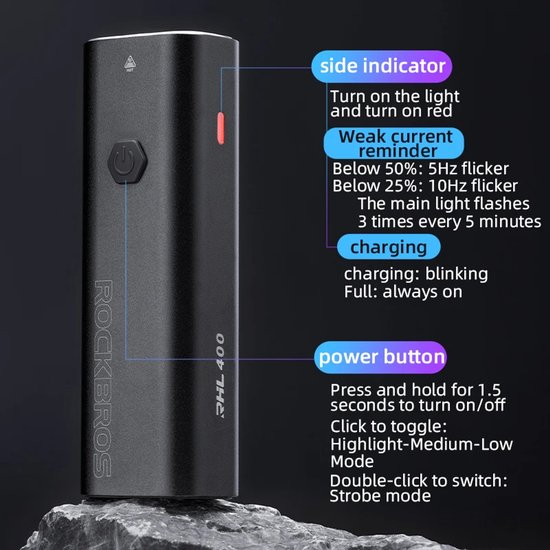 Rockbros Fietslamp 400 Lumen - USB Oplaadbare Koplamp - Waterdicht IPX6 - 2000 mAh - Voor Elektrische Fiets, MTB, Stadsfiets - 4 Modi + 200m Bereik van ROCKBROS — afbeelding 3