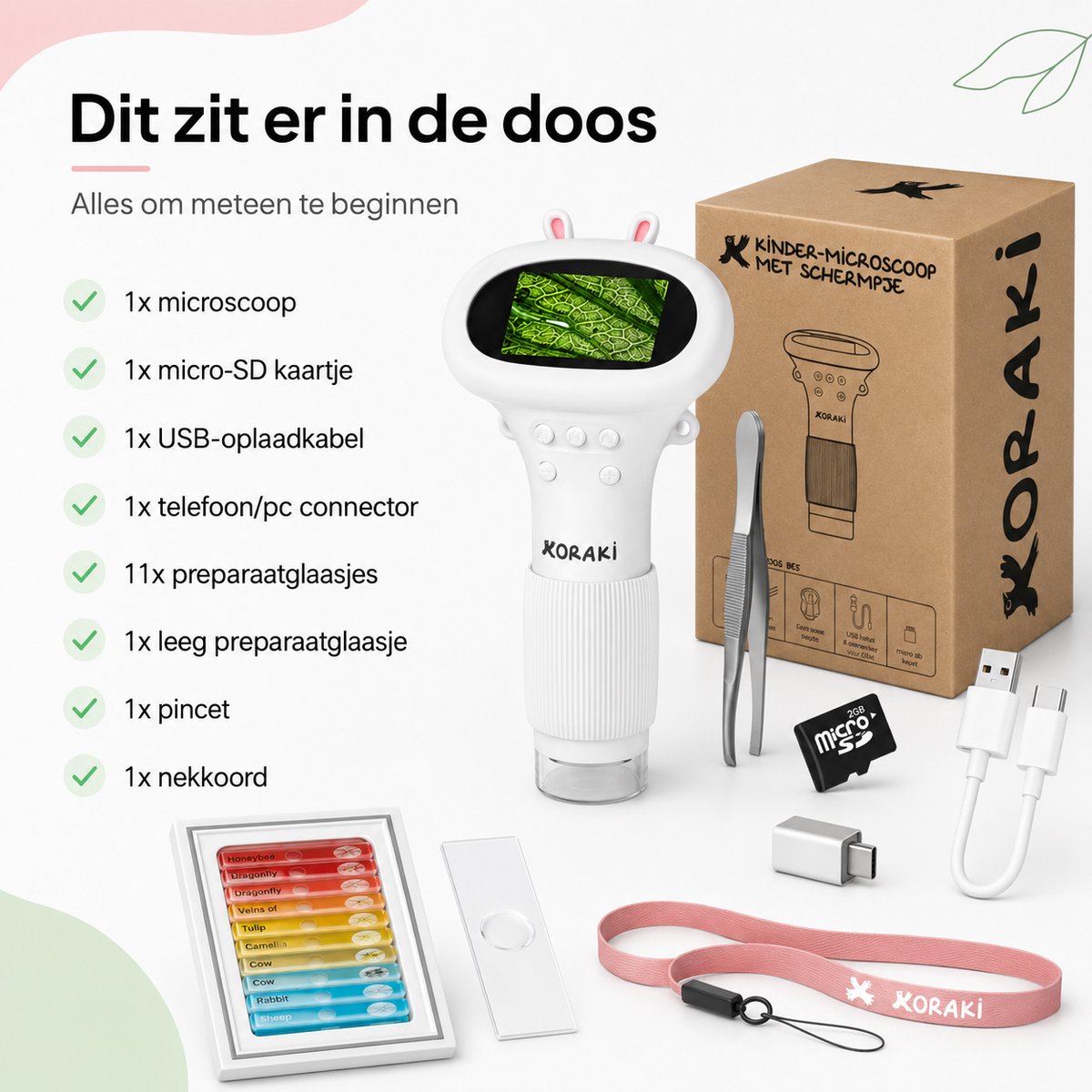 Koraki® Microscoop voor Kinderen - Digitale Kindermicroscoop met LCD Scherm - Handmicroscoop met Camera - Microscoopset incl. Preparaten, Pincet, Micro-SD & USB - Draagbaar - Aansluiting Smartphone/PC - STEM Educatief Speelgoed 4-12 jaar — afbeelding 6