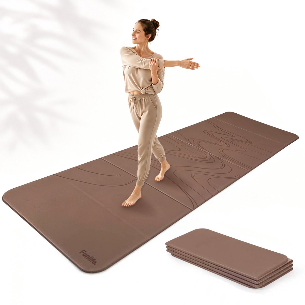 Funlife Opvouwbare Yogamat 190 x 66 cm - 10 mm Dik - Antislip Fitnessmat voor Yoga, Pilates en Thuis Workout - Karamel Flow Design