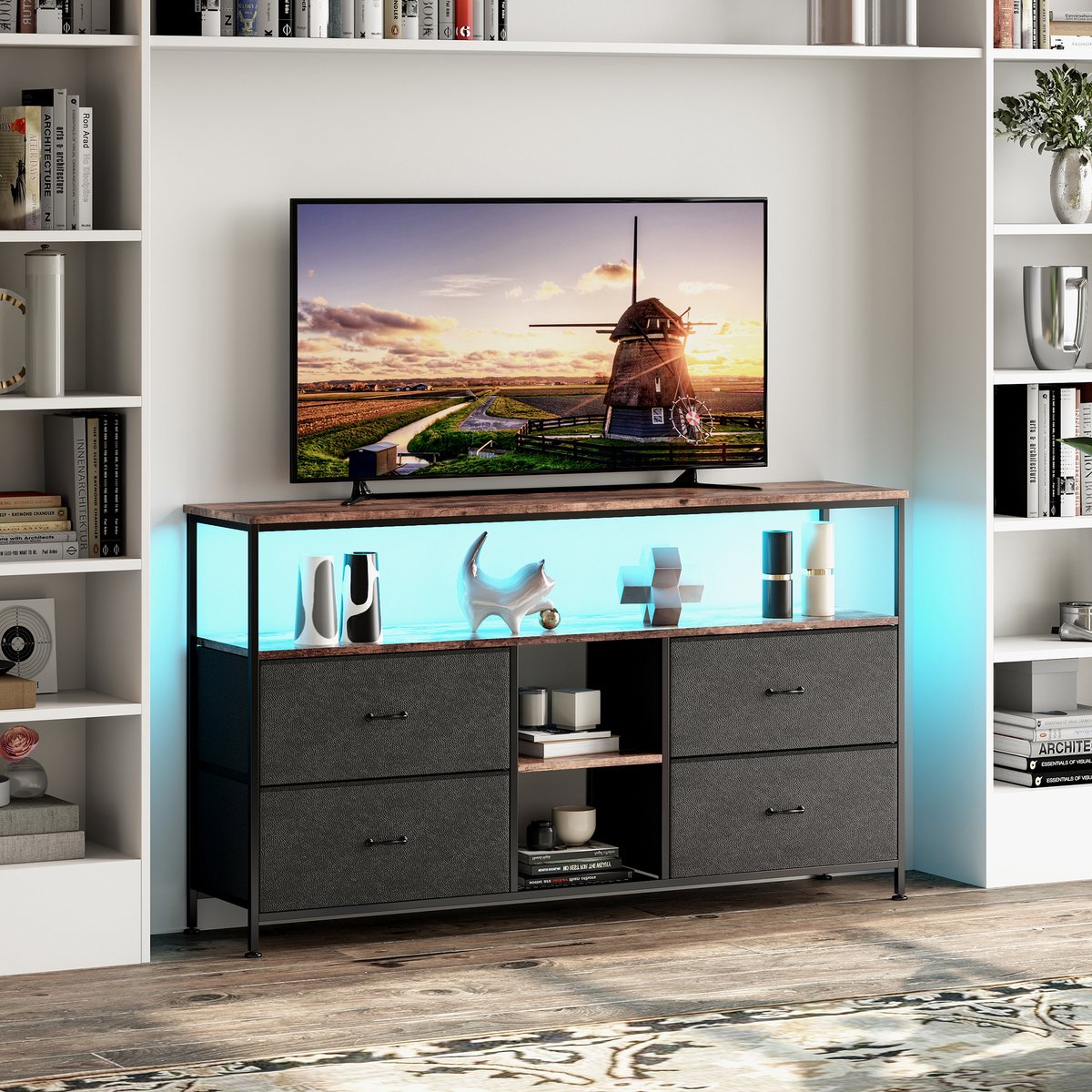 TV-Meubel, LED TV-Meubel, Hoog TV-Meubel met Opbergruimte, Verstelbare Planken, 4 Stoffen Lades, Geïntegreerde Opbergoplossing, Kijkervaring en Verbeterde Esthetiek (Zwart, 108 cm)