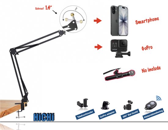 Zwarte microfoonarm met klem voor smartphone of GoPro, inclusief telefoonhouder, GoPro adapter, balhoofd en afstandsbediening.