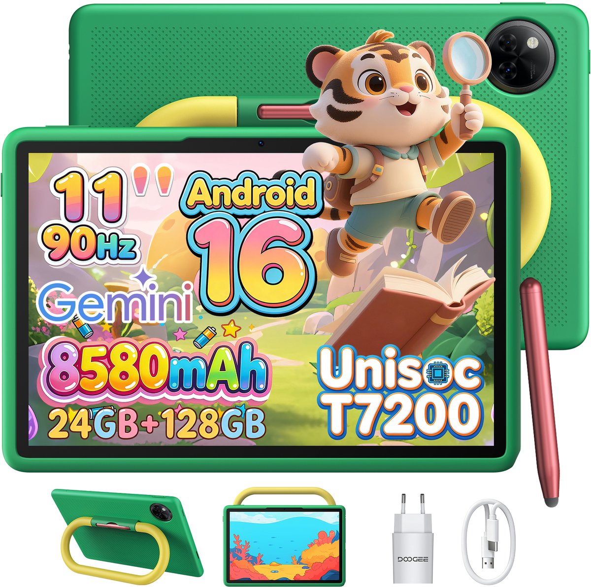 DOOGEE U11 Kid - Kindertablet - Tablet - 24 GB RAM (4+20 GB Extended) + 128 GB ROM - 11 inch HD 90 Hz - Android 16 - 8580 mAh - WiFi 2.4/5 GHz - Inclusief Kindvriendelijk Hoesje & Styluspen - 13 MP Camera - Groen