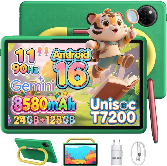 Groene tablet met op het scherm een tijger in de ruimte. Meegeleverd: styluspen, oplader en kabel.