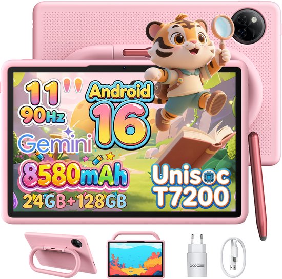 Roze Doogee U11 Kid tablet met cartoon tijger op het scherm, 8580mAh batterij, 24GB RAM, 128GB opslag en Unisoc T7200 processor.
