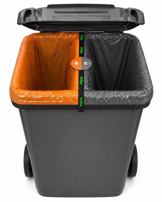 Grijze Vriflex afvalbak met deksel open, aan de binnenzijde oranje en zwarte zakken.