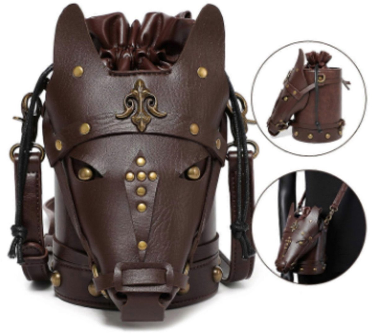 Unieke ronde handtas - Middeleeuws model paard - Maat 22 X 19 cm - Donkerbruin leer - Bronzen details