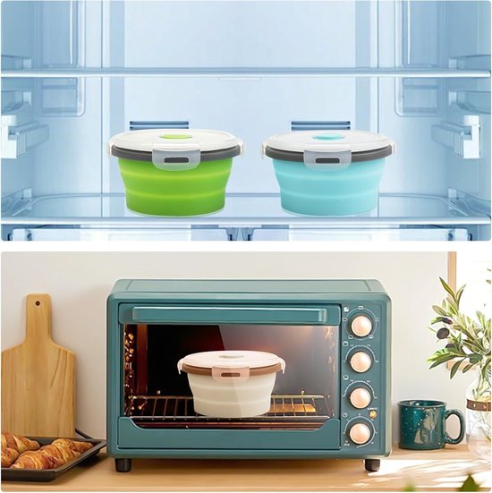 Opvouwbare ronde kom - 350ML - Draagbare lunchbox - Slakom - kom van siliconen - kom voor camping - Groente - Inklapbare Vershoudbakjes - voor keuken, camping, outdoor en picknick - 12*6.5cm - 2 Stuks - Groen+Blauw — afbeelding 5
