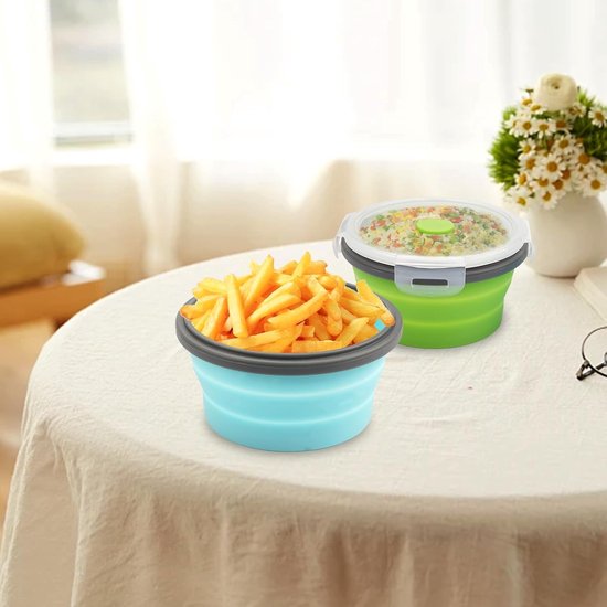 Opvouwbare ronde kom - 350ML - Draagbare lunchbox - Slakom - kom van siliconen - kom voor camping - Groente - Inklapbare Vershoudbakjes - voor keuken, camping, outdoor en picknick - 12*6.5cm - 2 Stuks - Groen+Blauw — afbeelding 2