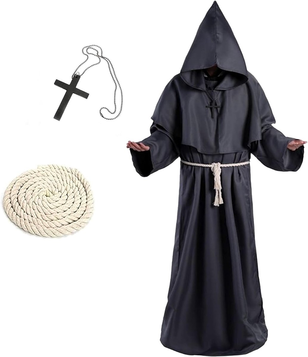 Monniksrobe voor Mannen, Priester Kostuum met Kap en Kruis, Perfect voor Halloween, Carnaval en Middeleeuwse Feesten