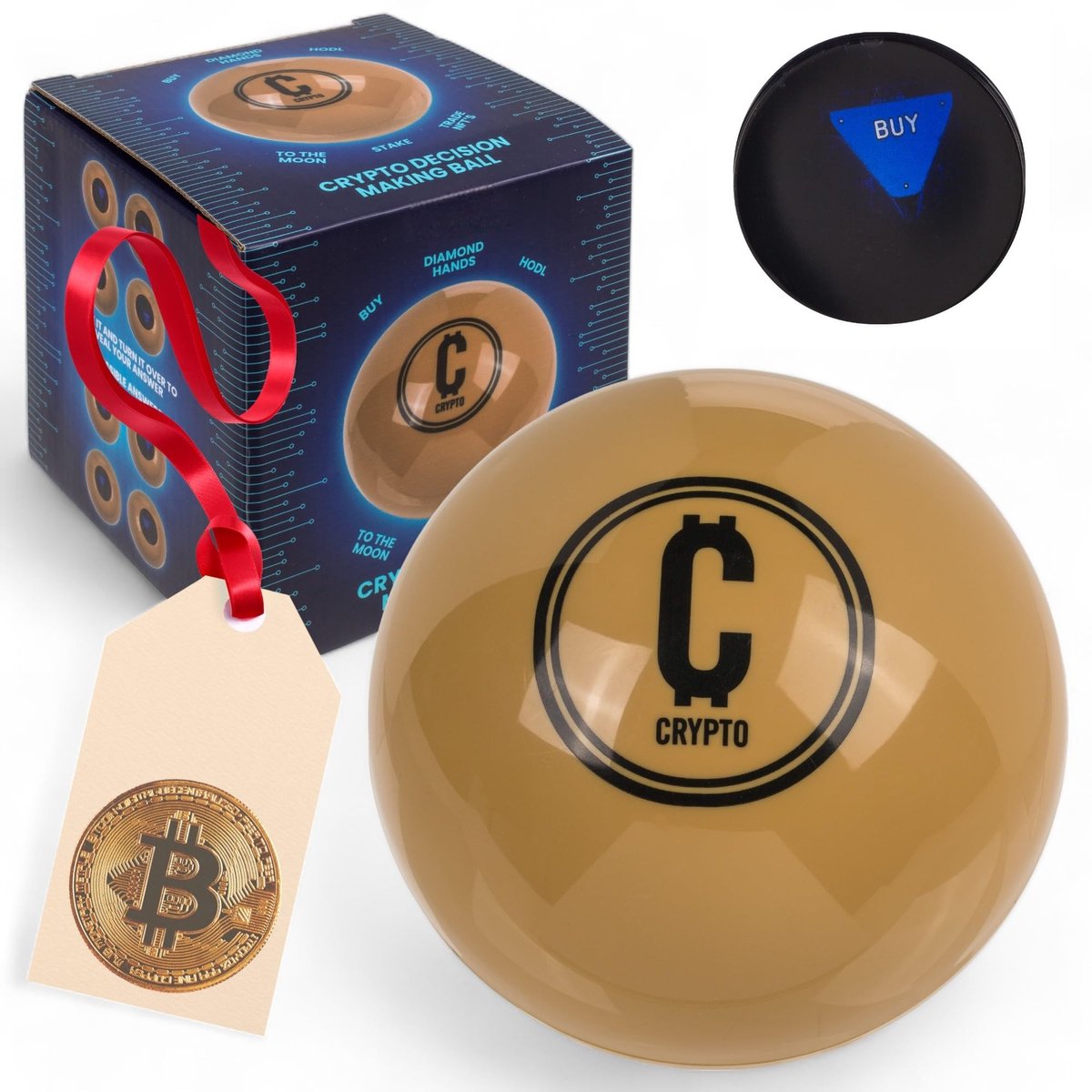 Jhubersproducts - Magische beslissingsbal - Cryptocurrency - Goudkleurige crypto-adviesbal - 10 cm - 20 antwoorden - Geschikt voor iedereen - Goudkleu