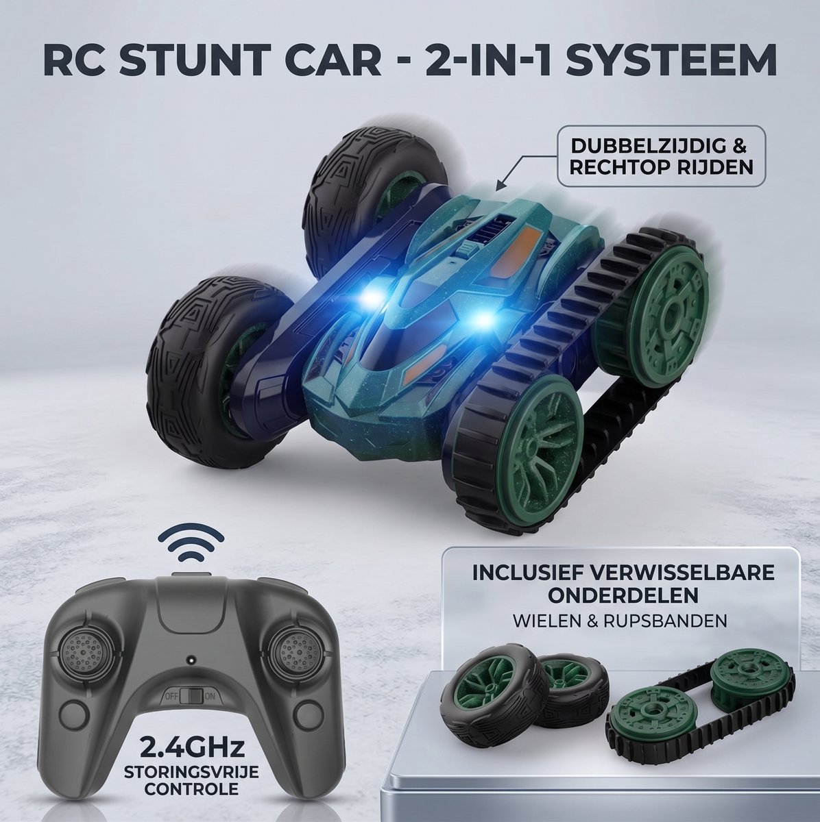 TKKJ RC Stunt Car – Dubbelzijdig & Rechtop Rijden -2-in-1 - wielen en rupsbanden - 2.4GHZ - Oplaadbaar - 6-Kanaals Besturing