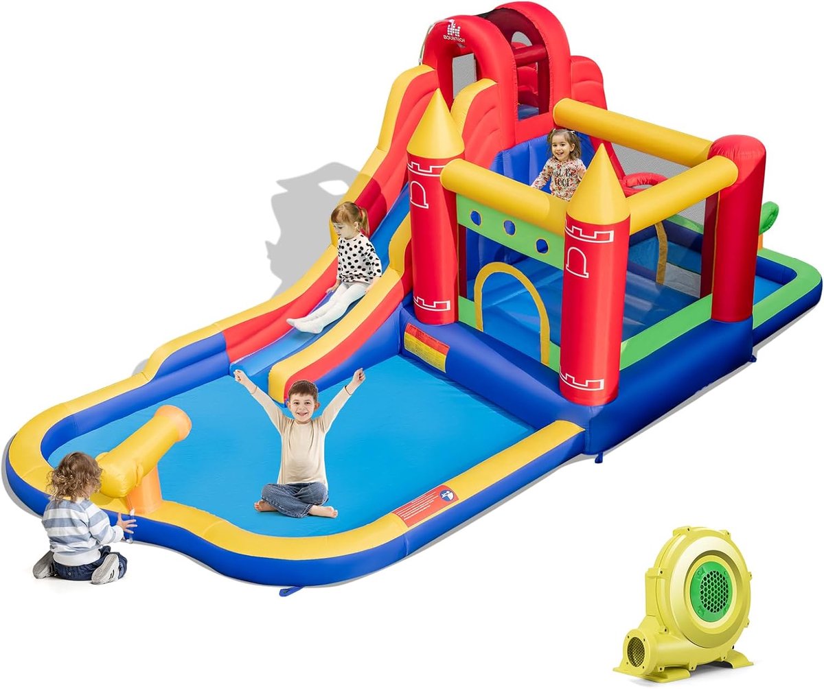 COSTWAY Springkasteel met ventilator, droog-/waterglijbaan, klimwand, springgebied, waterkanon & kinderbadje, bouncy kasteel voor kinderen, 624 x 270 x 235 cm