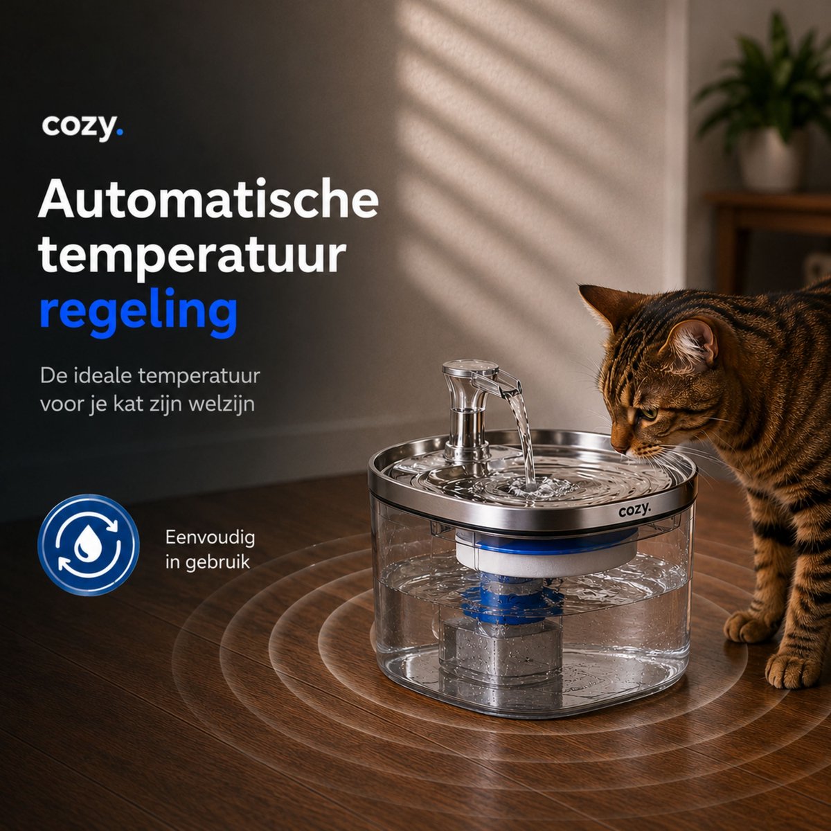 cozy.® Drinkfontein Kat Pro 2026 - Waterfontein Kat 2.0L - Kattenfontein - Waterbak Kat - Waterdispenser Kat - Muisstil & Automatisch - Inclusief Filter & Temp. Controle - Anti knoei Drinkbak thumbnail 8