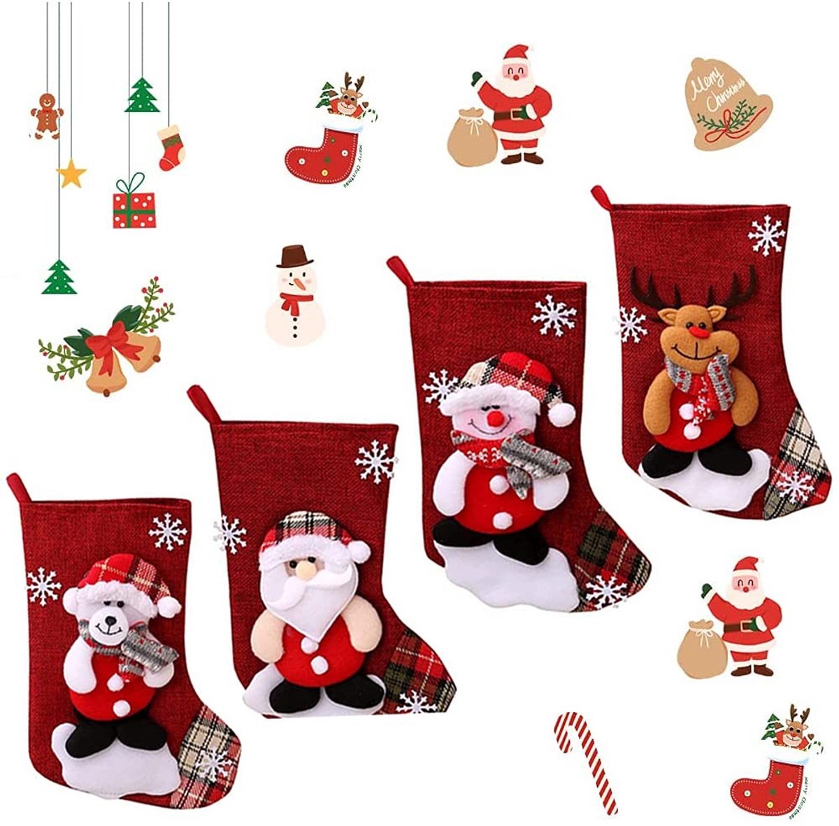 Vlemico - Kerstkousen - Snoepzakken voor open haard - 4 stuks - Versierd - Kerstmis - Perfect voor snoep en kleine geschenken - 22 cm hoog