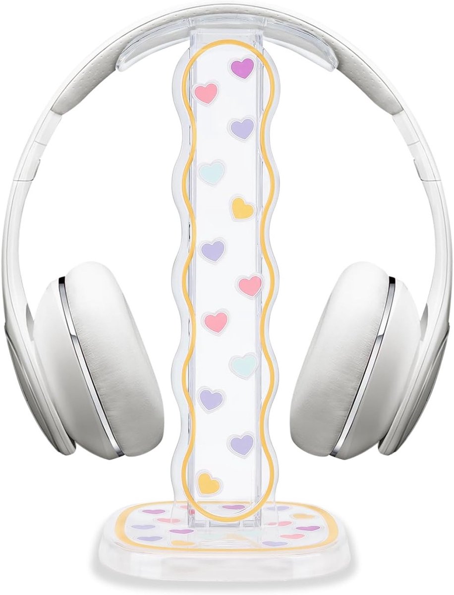 Hoofdtelefoonstandaard met stevige basis, draagbaar ontwerp en schattig hartpatroon, transparante acryl houder voor desk, geschikt voor AKG, Sony en meer.