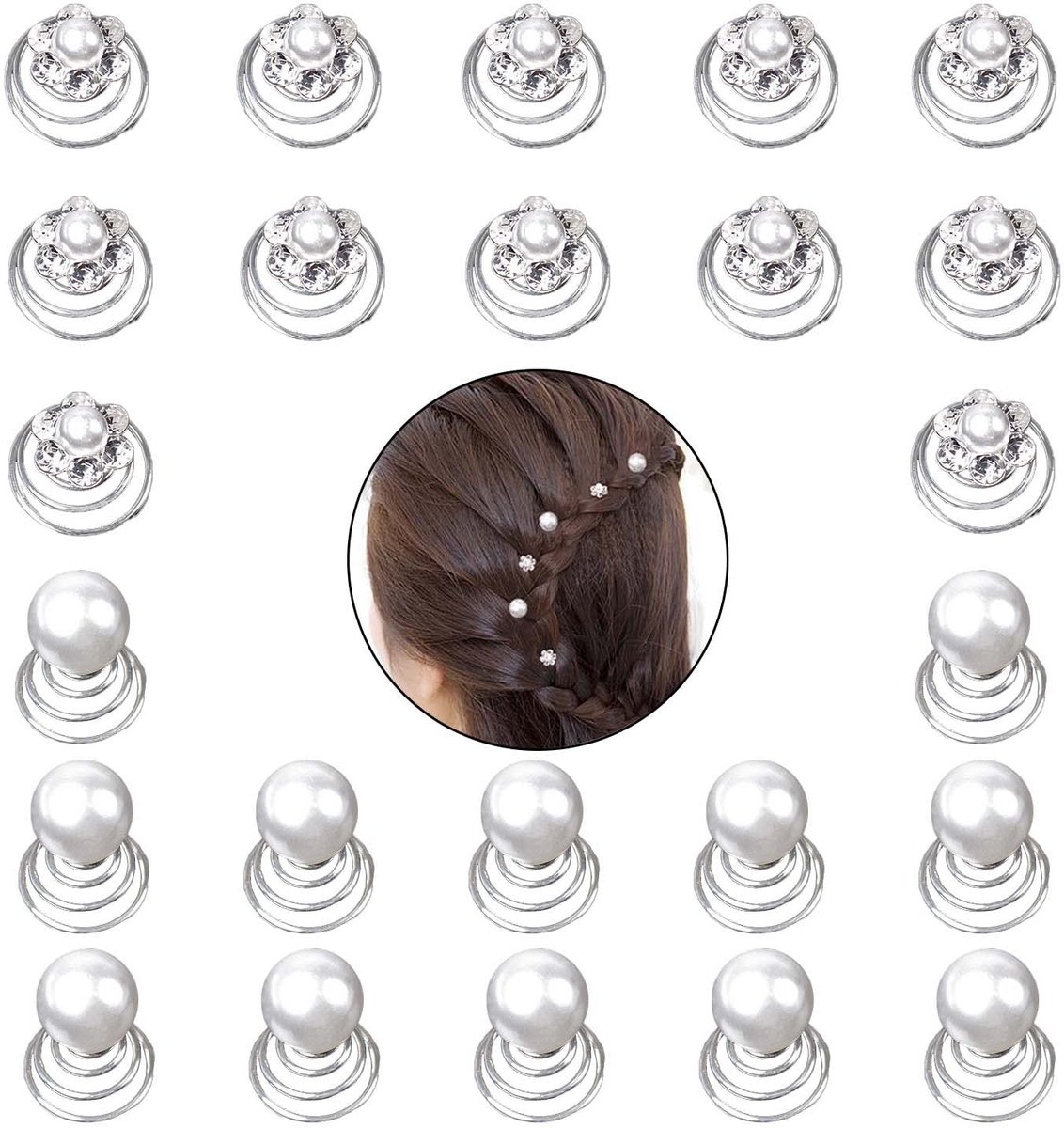 Vlemico - 24 Stuks Spiraal Haarspelden - Bruids Haaraccessoires - Zilver - Parel en Strass - Geschikt voor Bruiloften - 2 Stijlen