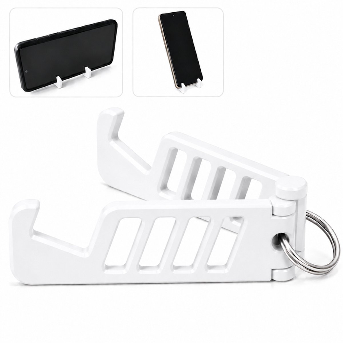 Compact Opvouwbare Telefoonhouder Sleutelhanger - Verstelbare Mobiele Telefoon Standaard Voor Smartphone - Inklapbare Bureau Houder Voor iPhone Samsung En Android - Staand En Liggend Kijken - Draagbaar Design Voor Onderweg En Reizen - Wit
