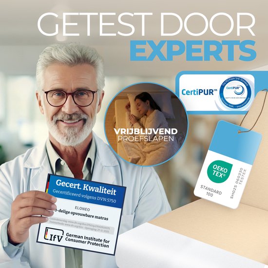 Man met bril in labjas, houdt certificaat 'Gecertificeerd Kwaliteit'. Achtergrond met vrouw die slaapt op matras, "VRIJBLIJDEND PROEFSLAPEN" en certificeringen CertiPUR en OEKO-TEX.