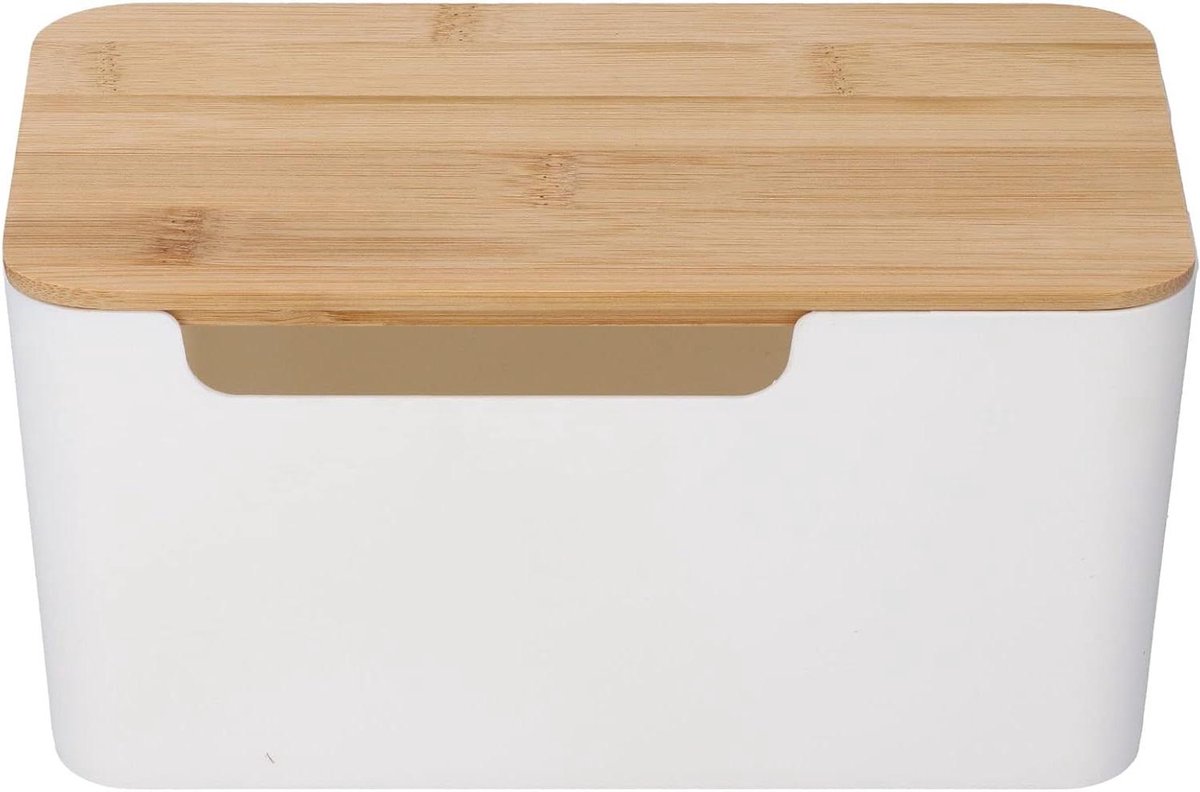 Kabelbox Organizer - Snoer Opberger - Bureau Opruimen - Met Houten Deksel - 23.5 cm Lengte - Wit