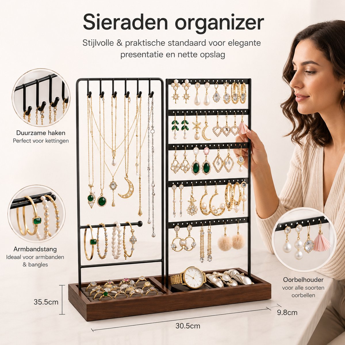 BOTC Sieradenhouder - Voor kettingen / armbanden / Oorbellen - Sieraden Organizer - Oorbellenrekje - Ketting houder - Zwart/Bruin — cadeau in Wonen & Interieur - foto 5