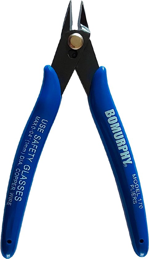 Blauwe tang van 13cm met 'BOMURPHY MODEL 170 PLIERS' en 'USE SAFETY GLASSES MAX 0.04" (1mm) DIA. COPPER WIRE' op de handvatten.