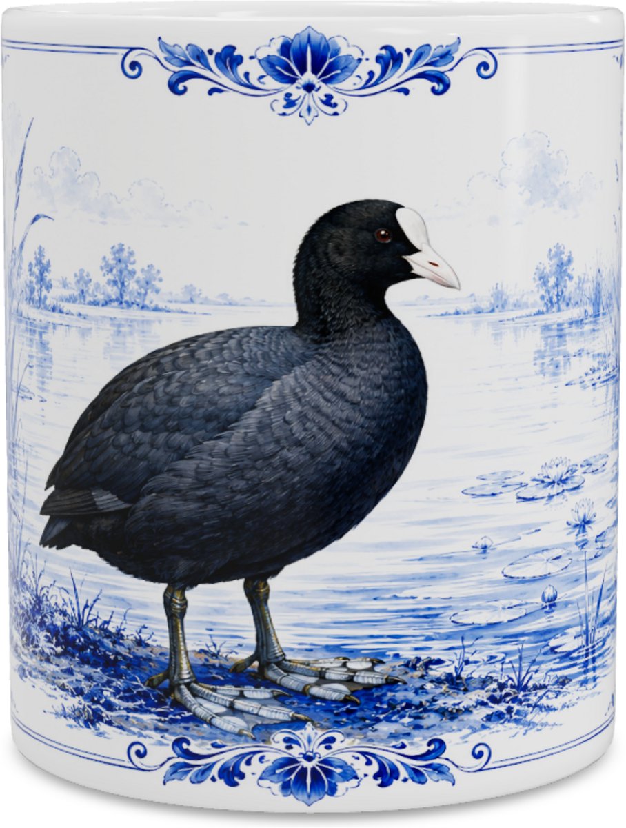 Mok - Meerkoet (Fulica atra) - Delfts blauw - Aquarel Illustratie