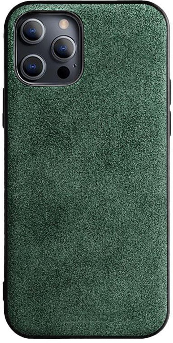 Alcanside Luxe Hoesje geschikt voor Apple iPhone 12 Pro Max – Magsafe 360° Shock Proof Telefoonhoesje – Premium Alcantara Case – 100% Optimale Bescherming – Back Cover Midnight Green