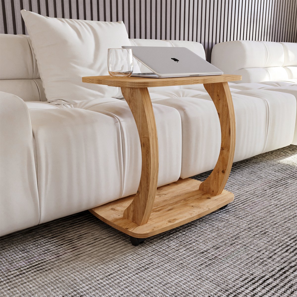 Sugodesign Arasta Bijzettafel met Wielen – Laptoptafel voor Bank – Kleine Woonkamertafel – Salontafel in Stijlvolle NotenhoutLook