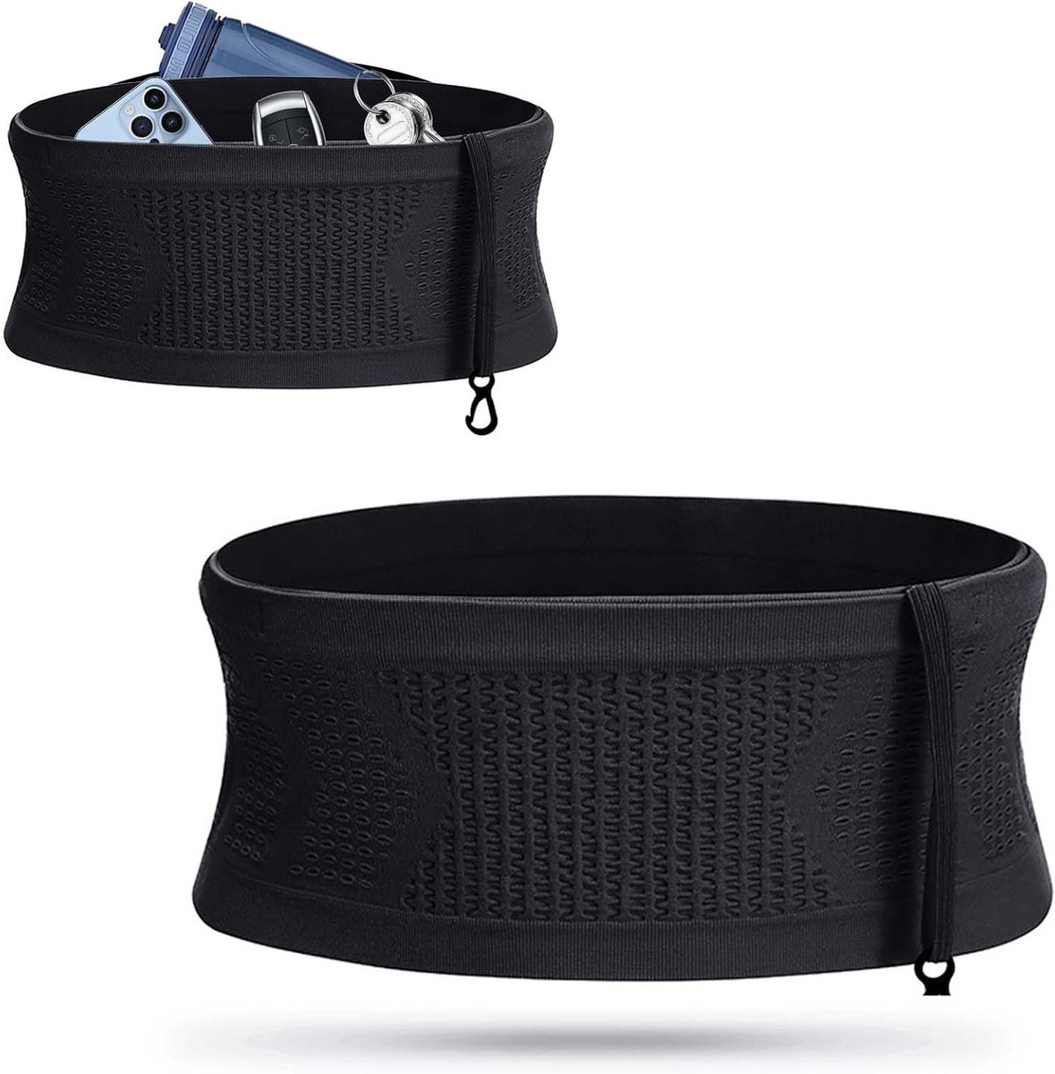 Multifunctionele Ademende Verborgen Knitted Heupriem, Unisex Hardloopriem voor Mobiele Telefoon, Jogging Heuptas met Sleutelclip voor Telefoons, Sleutels en Pasjes, Zwart, Medium Formaat