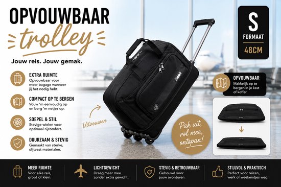 Zwarte, opvouwbare trolley met wielen, maat S (48cm), in de voorgrond een vliegtuig.