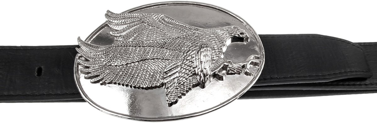 Heren Riem met Adelaar Gesp, Zwarte Leren Riem met Grote Zilverkleurige Gesp 3D-Adelaar - 3,5 cm Breed