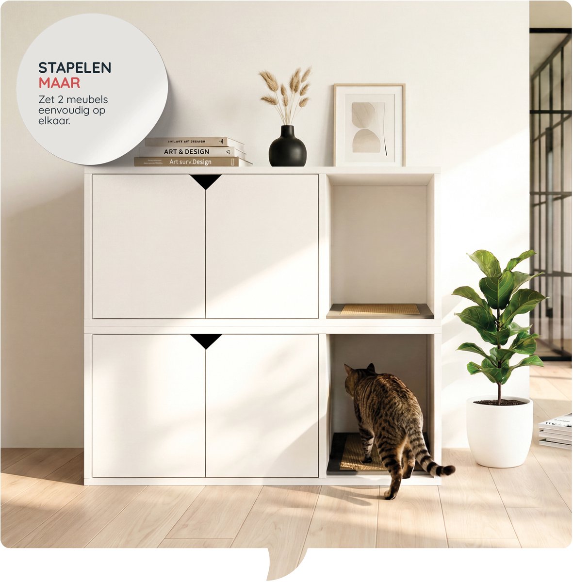 Kattenbak kast stapelbaar - Kattenbak huis - Kattenbak meubel - kattenbak ombouw - voor 2 katten - 100% Recyclebaar - met cat scratcher en EVA drooghoud mat - Vrij van giftige stoffen van Catchi