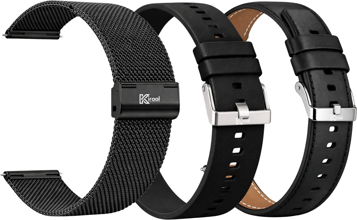 Kiraal - Luxe smartwatch bandjes combo set - 3-delig - 20mm - Leder, Milanees RVS & Siliconen - Zwart