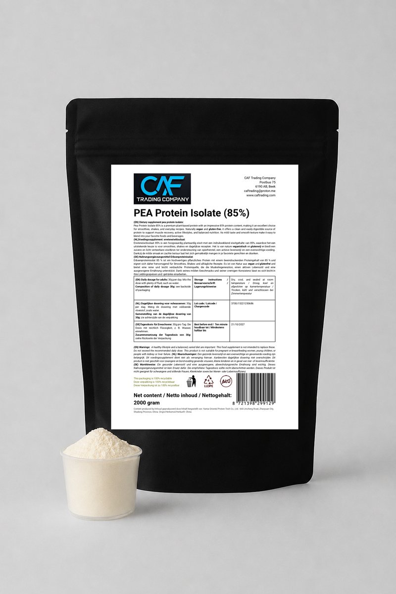 PEA Protein Isolate 2000g (2KG) - PEA85% - Vegan - Gluten free - Erwten eiwit isolaat - 66 Porties