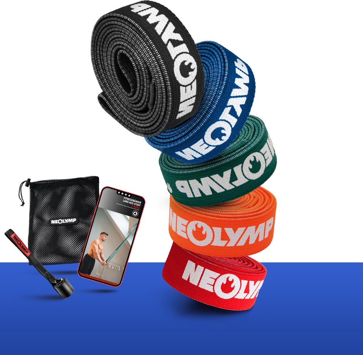NEOLYMP Set van 5 fitnessbanden van stof – verschillende weerstandsniveaus met draagtas