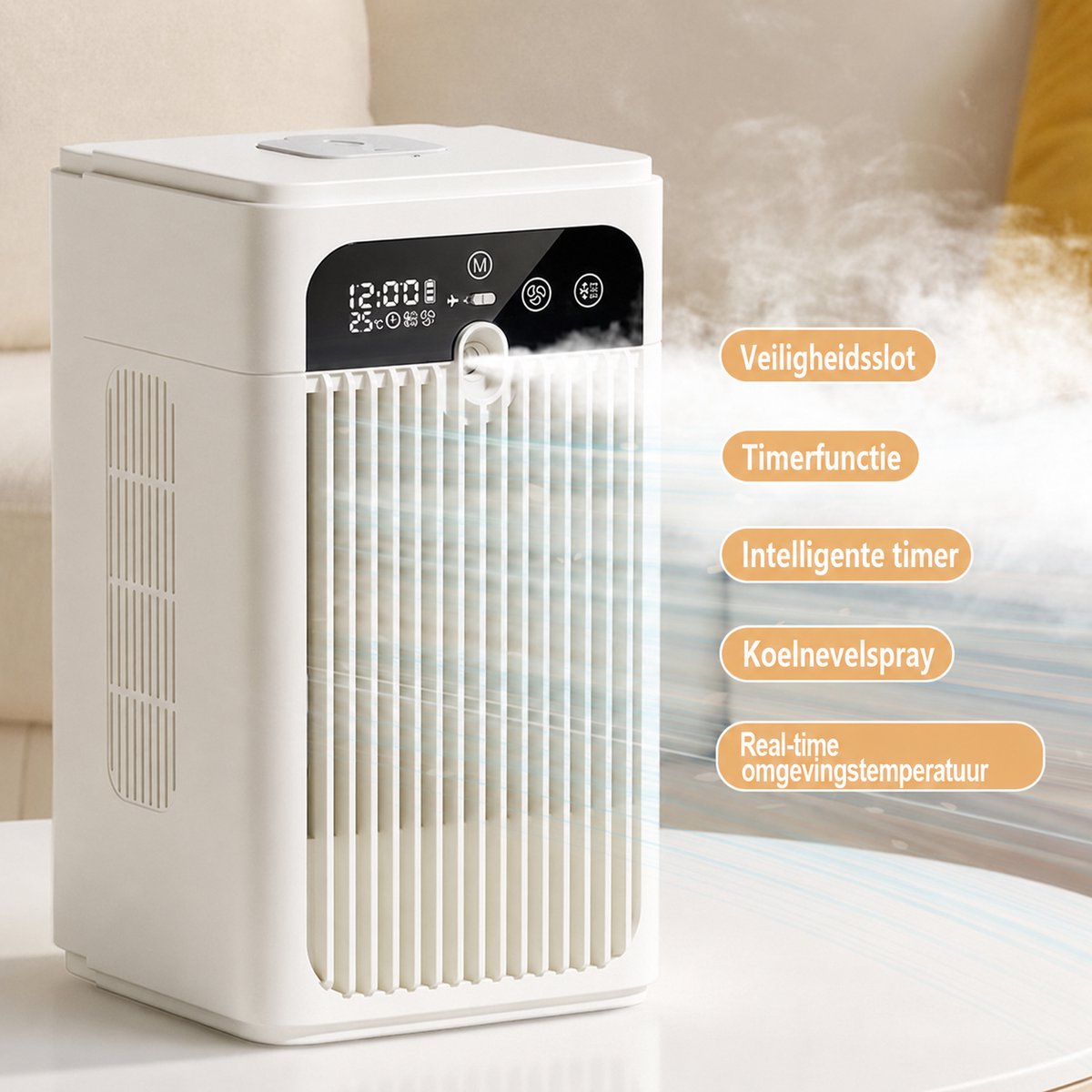 Airco -Mobiele Airco en Luchtkoeler met Mistbevochtiging - Premium Mini Cold Air Fan 500ml - Stille Tafelventilator 18 dB met Klok en Temperatuurweergave-Oplaadbaar - Draagbare Luchtkoeler voor Slaapkamer en Kantoor – foto 6