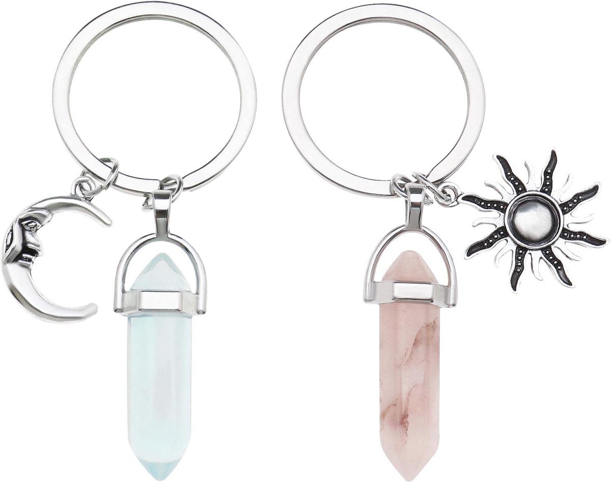 Dailygoods - Sleutelhanger - Hexagonaal Kristal - Mooi en Duurzaam - 2PCS - Zonne- en Maanmotief - Perfect Cadeau voor Vrouwen en Meisjes