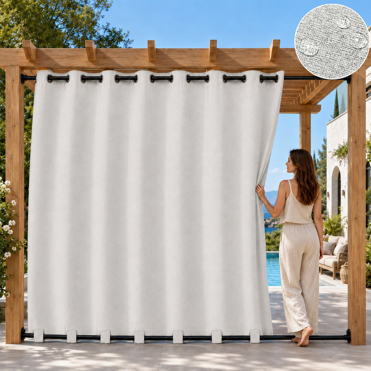 Qelus Linnenlook Lichtgewicht Buitengordijn voor Pergola en Balkon - 254x244 cm - Weerbestendig Outdoorgordijn met Lusbodem - Zonwerend en Verduisterend - Faux Linnen Terrasgordijn - Grijsachtig wit - 1 Stuk