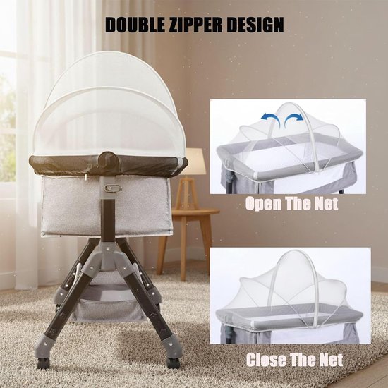 Een wit babynestje met een grijze klamboe op een standaard. Twee inzetfoto's tonen hoe de klamboe geopend en gesloten wordt. Tekst: DOUBLE ZIPPER DESIGN.